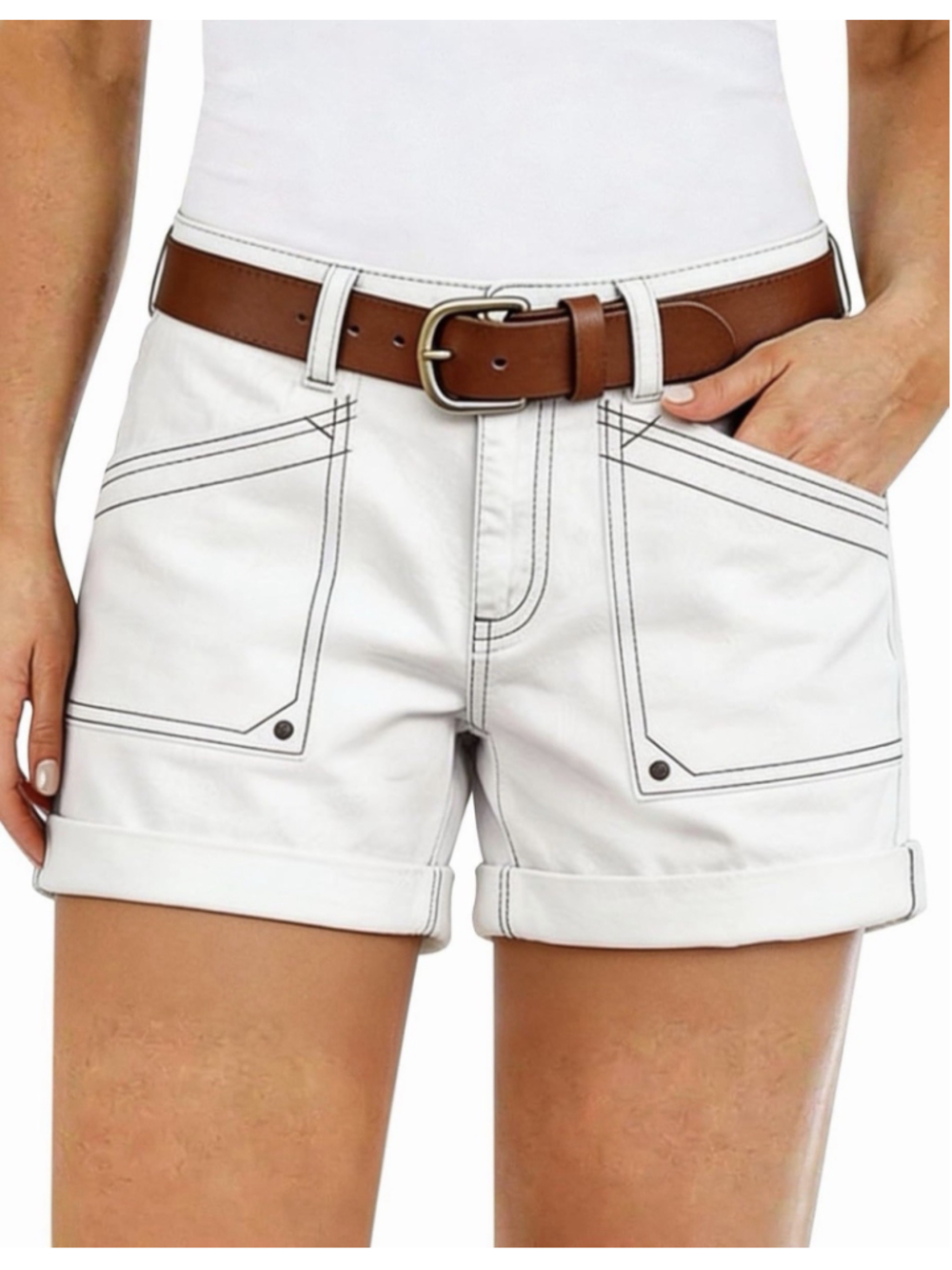 Flamingals Women's Mid Waist Solid Split Side Flap Pocket Casual Shorts M